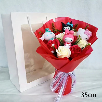 Sanrio Hello Kitty Plush Bouquet with red and white Rose Soap Flowers, Wrapped in Red