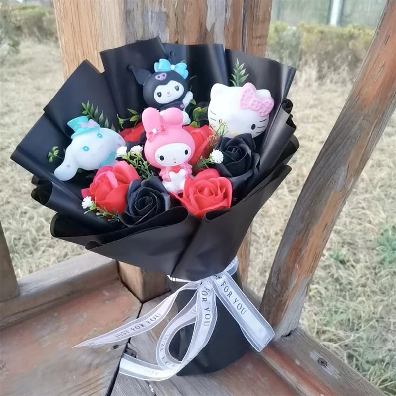 Sanrio Plush Bouquet with Rose Soap Flowers wrapped in black