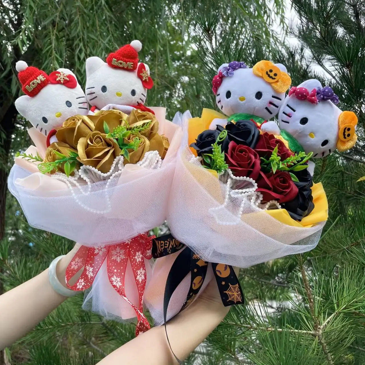 Festive Hello Kitty Plush Bouquet | Christmas Hat and Gold Roses