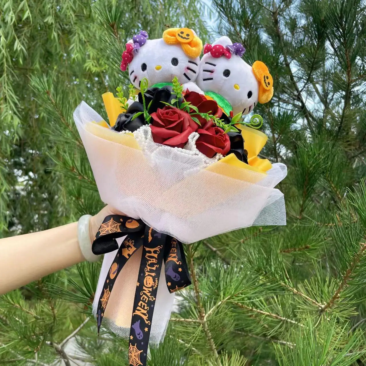 Halloween Hello Kitty Plush Bouquet | Pumpkin Design with Black & Red Roses