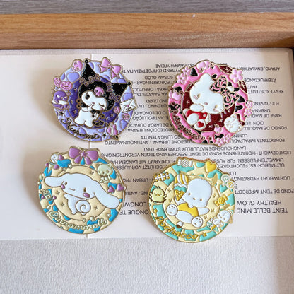 Vibrant Badges Featuring Hello Kitty, Kuromi, Pochacco, and Cinnamoroll