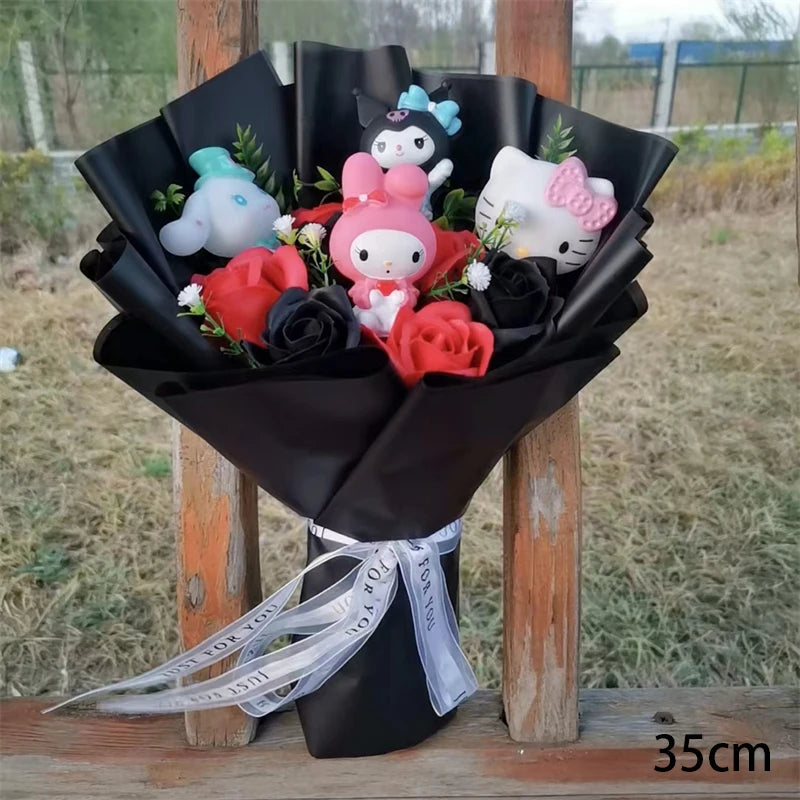 Sanrio Hello Kitty Plush Bouquet, adorned with delicate black and white rose soap flowers