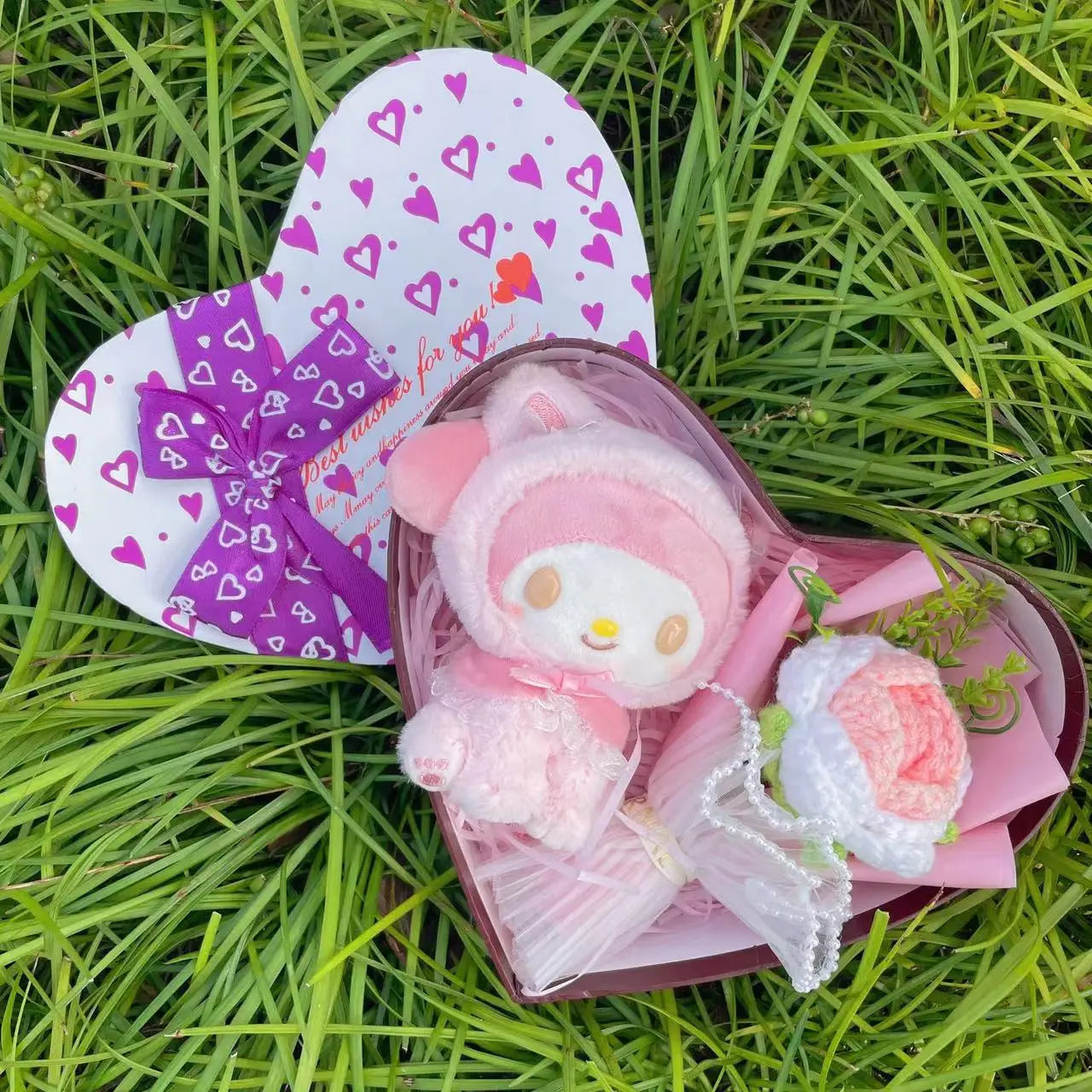 Sanrio My Melody Plush Toy Heart Shape Gift Box | My Melody Stuff Toy with Crochet Rose Bouquet