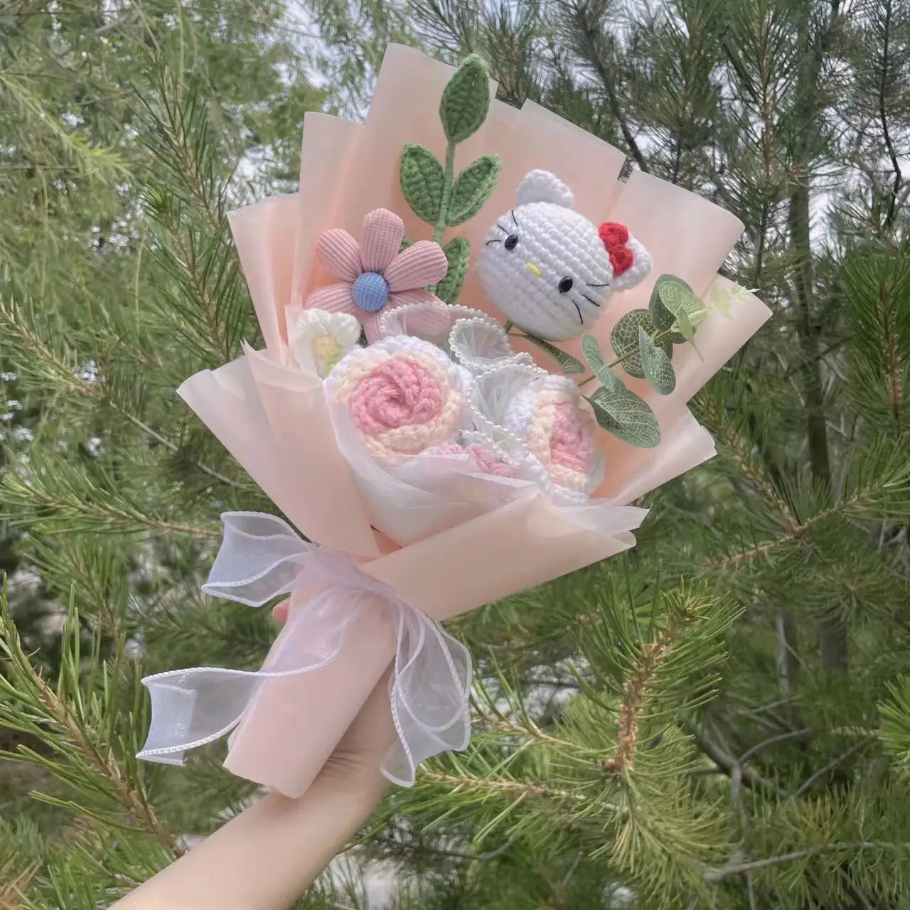 Flower Bouquet with Crochet Hello Kitty Surrounded by Flowers