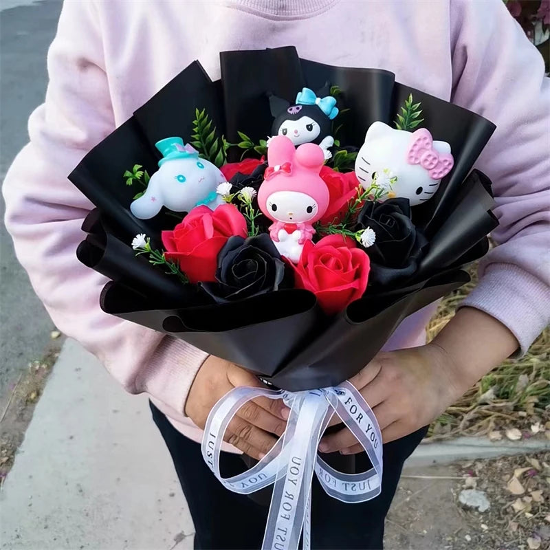 Sanrio Hello Kitty Plush Bouquet with Rose Soap Flowers, Wrapped in black