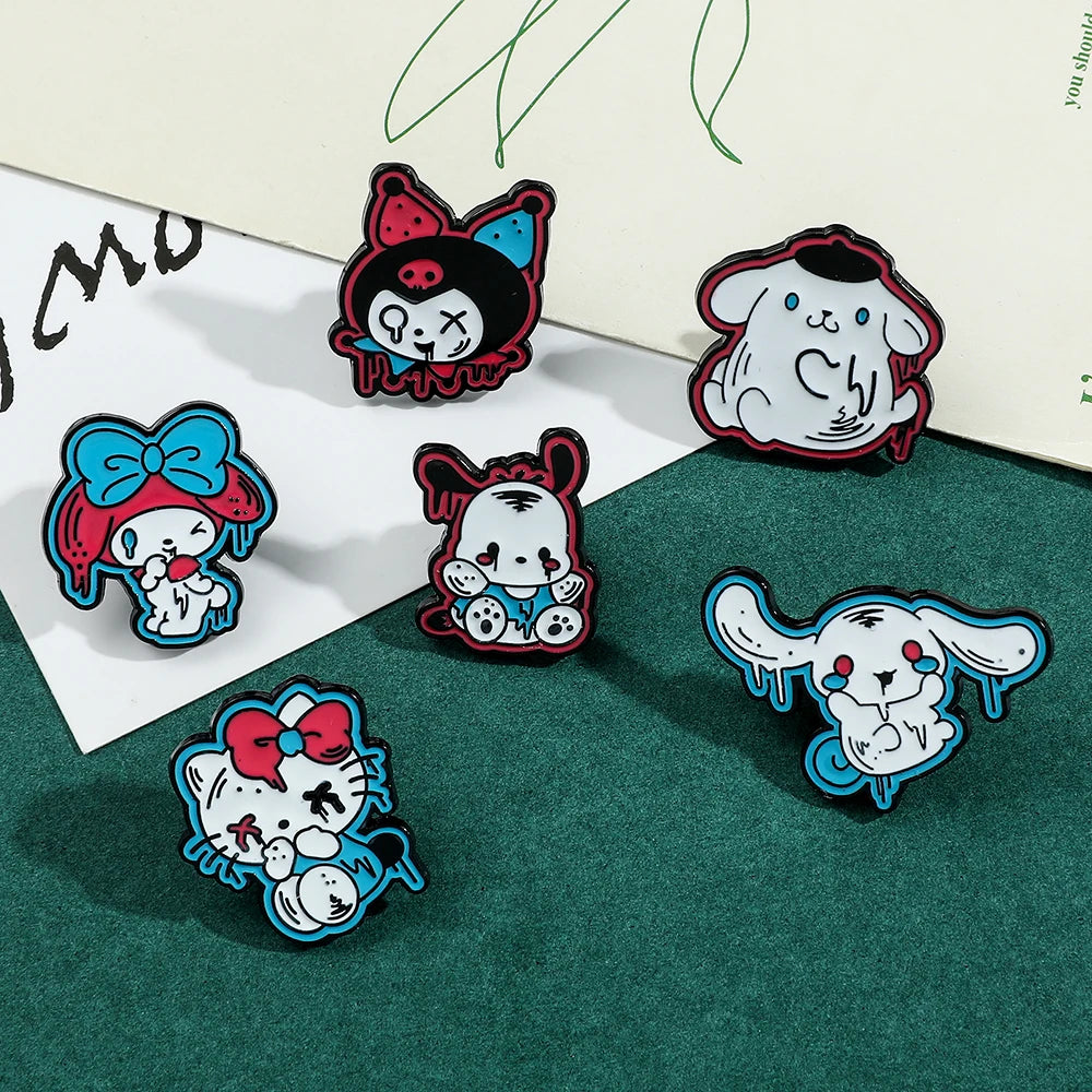 Sanrio Character Badges with a Zombie Twist (Hello Kitty, My Melody, Kuromi, Cinnamoroll, Pochacco, Pompompurin)