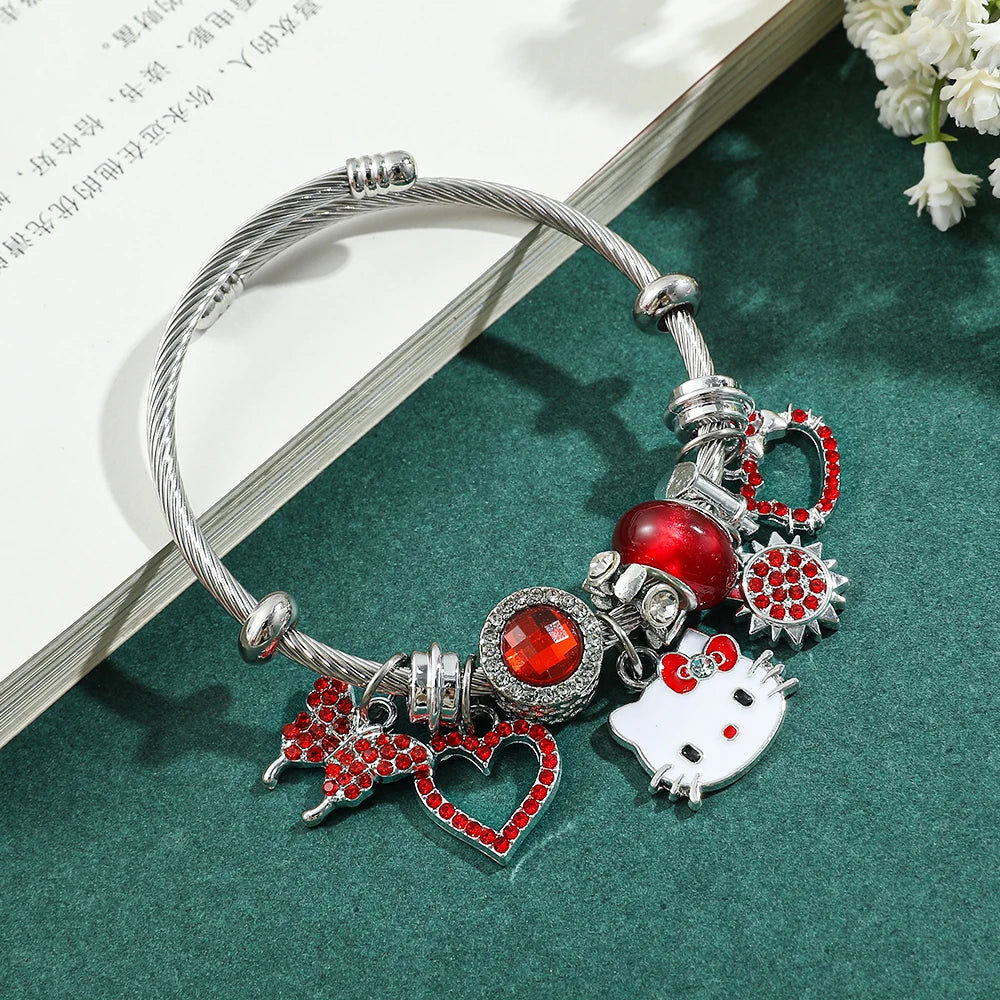 Hello Kitty Charm Bracelets | Pendant adorned with Red Hollow Rhinestones