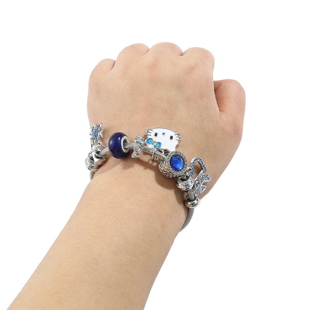 Hello Kitty Charm Bracelets with Blue Hollow Rhinestones Pendant