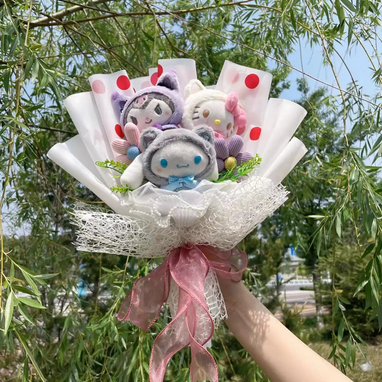 Lace and Mesh Wrapped Sanrio Plush Bouquet featuring Hello Kitty, Kuromi, and Cinnamoroll