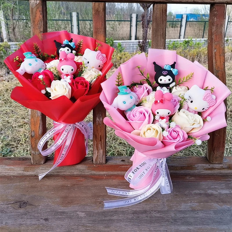 Pink and Red Hello Kitty Plush Bouquet with Rose Soap Flowers, Wrapped in Red