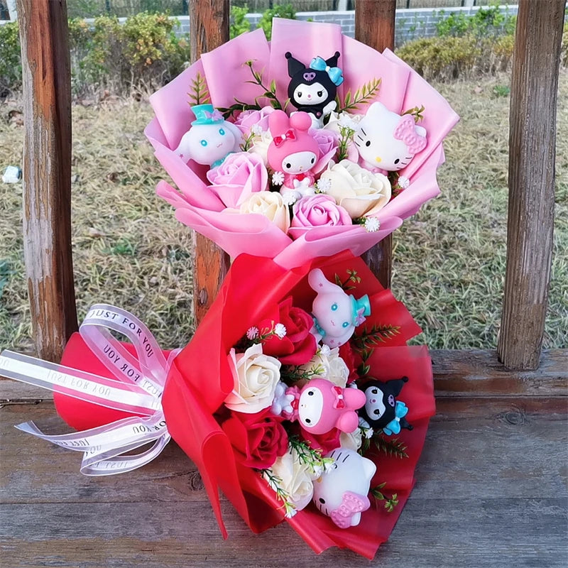 Sanrio Plush Bouquet with Rose Soap Flowers, Wrapped in Red, Featuring Hello Kitty, Kuromi, Melody, and Cinnamoroll