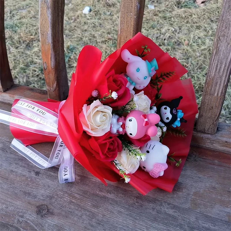 Sanrio Hello Kitty Plush Bouquet with Rose Soap Flowers, Wrapped in Red