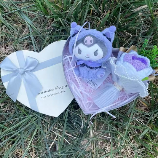 Sanrio Kuromi Plush Toy Heart Shape Gift Box | Kuromi Stuff Toy with Crochet Rose