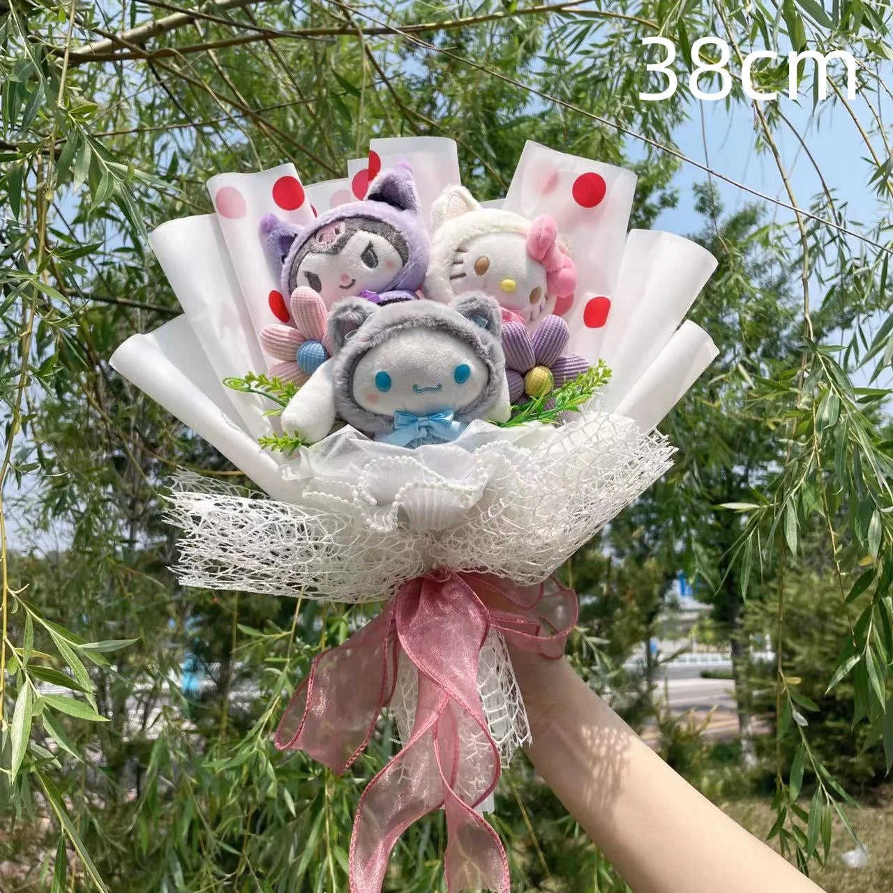 Hello Kitty, Kuromi, and Cinnamoroll Sanrio Plush Bouquet in Lace and Mesh Wrap