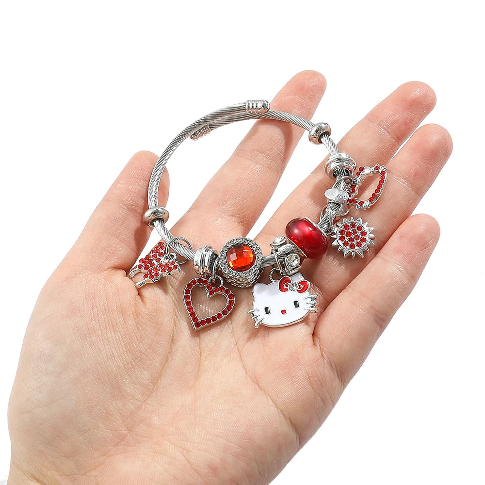 Hello Kitty Charm Bracelets with Red Hollow Rhinestones Pendant,