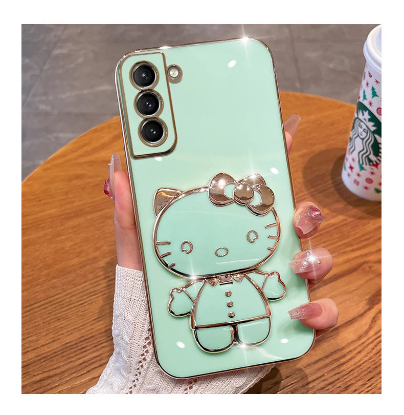 Hello Kitty Phone Case Luxury Plating Mirror Rack Cover for Samsung Galaxy 