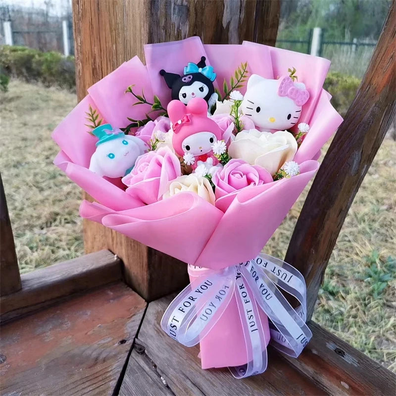 Sanrio Plush Bouquet with Rose Soap Flowers wrapped in Pink