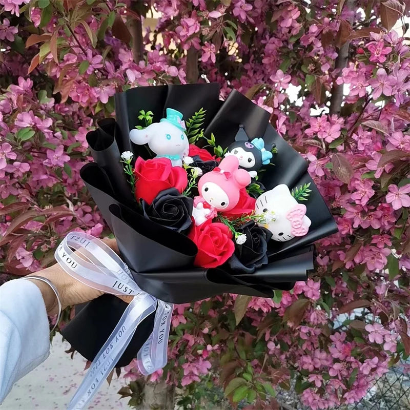 Sanrio Plush Bouquet with black and white Rose Soap Flowers wrapped in black| (Hello Kitty, Kuromi, Melody, Cinnamoroll)