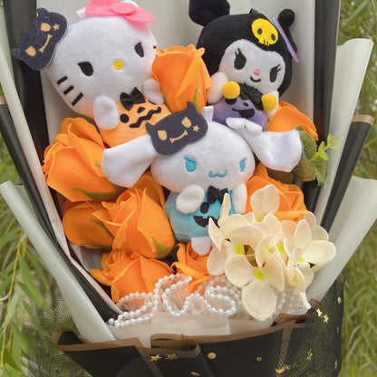 Vibrant Orange Roses Highlighting Enchanting Sanrio Plush Bouquet for Halloween  (Hello Kitty, Kuromi, Cinnamoroll)