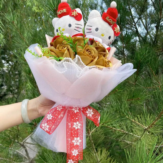 Christmas-Themed Hello Kitty Plush Bouquet | Gold Roses & Red Festive Hat