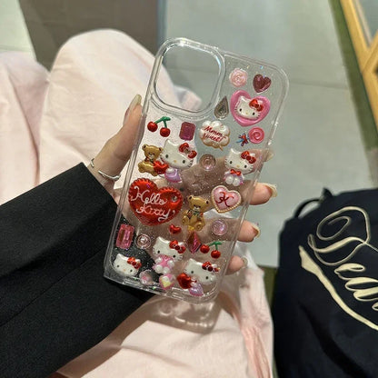 Kawaii 3D Hello Kitty Sticker Case – Transparent Shockproof Phone Cover