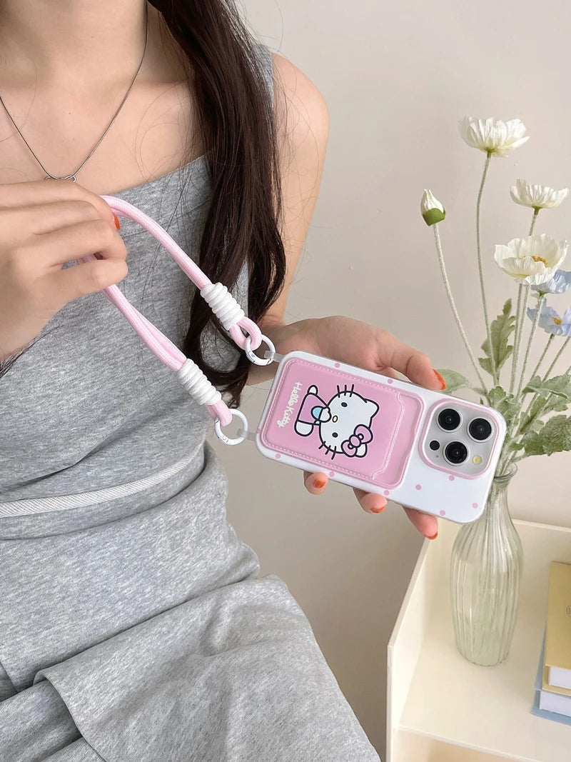 Sanrio Hello Kitty Wave Point Card Wallet Phone Case with Lanyard