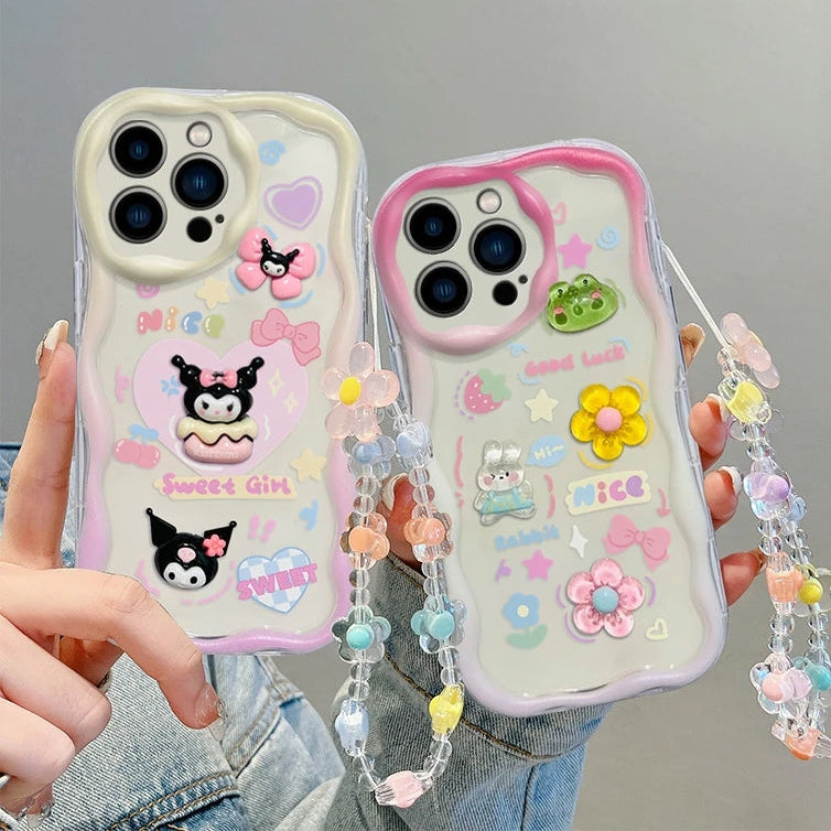 Sanrio Kuromi Phone Case with Stylish Flower Wrist Strap in White or Purple