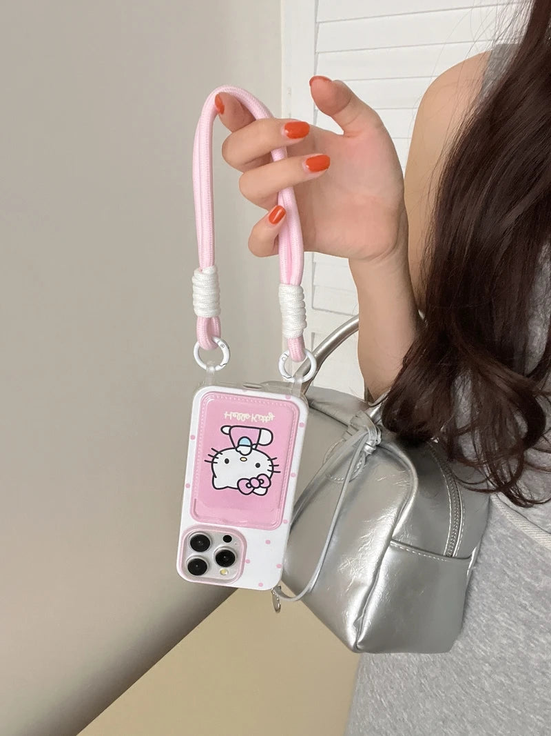 Sanrio Hello Kitty Wave Point Card Wallet Phone Case with Lanyard

