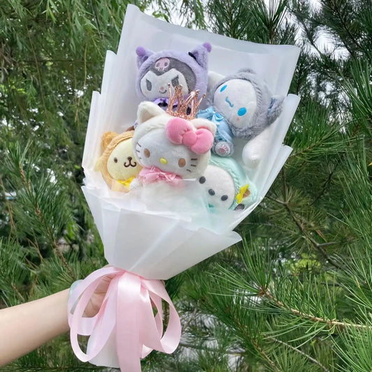 Sanrio Plush Bouquet | Hello Kitty with Crown, Cinnamoroll, Pompompurin, Kuromi, and Pochacco