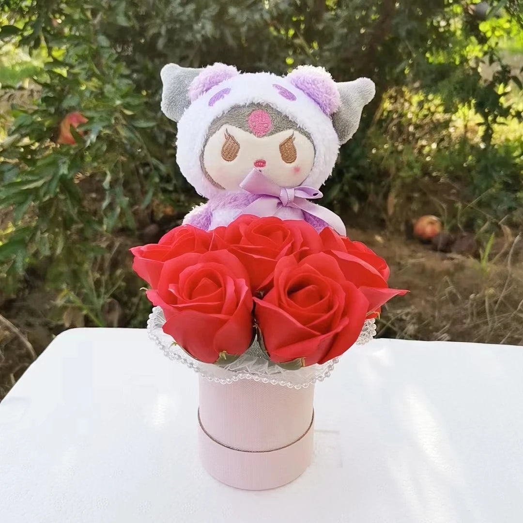 Sanrio Kuromi Plush Toy with Red Roses | Bucket Flower