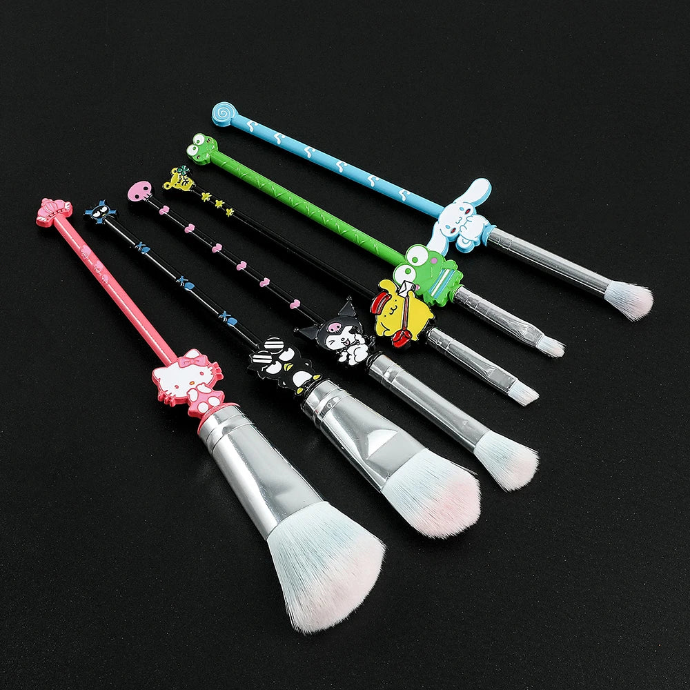 Sanrio 6pcs Foundation Blending Blush Brushes with Pouch  (Hello Kitty | Cinnamoroll | Kuromi | Badtz Maru |Pompompurin | Keroppi)