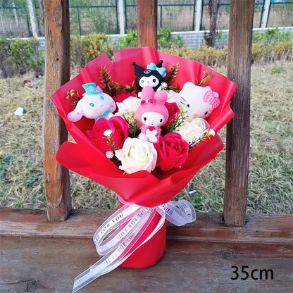 Sanrio Hello Kitty & friends Plush Bouquet with Rose Soap Flowers, Wrapped in Red