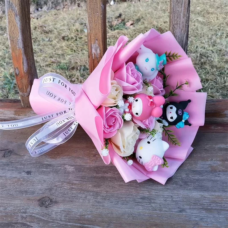 Sanrio Plush Bouquet with pink and white Rose Soap Flowers wrapped in pink| (Hello Kitty, Kuromi, Melody, Cinnamoroll)