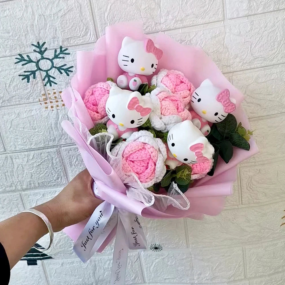 Sanrio Hello Kitty Plush Bouquet with Pink & White knitted Flowers