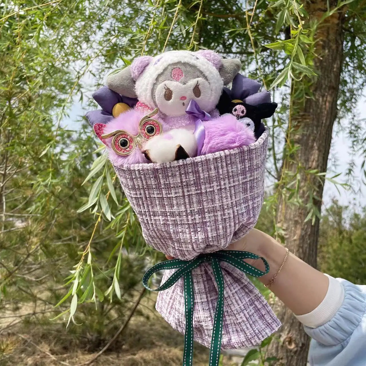 Sanrio Kawaii Kuromi Plush Bouquet wrapped in Purple Flannel Fabric