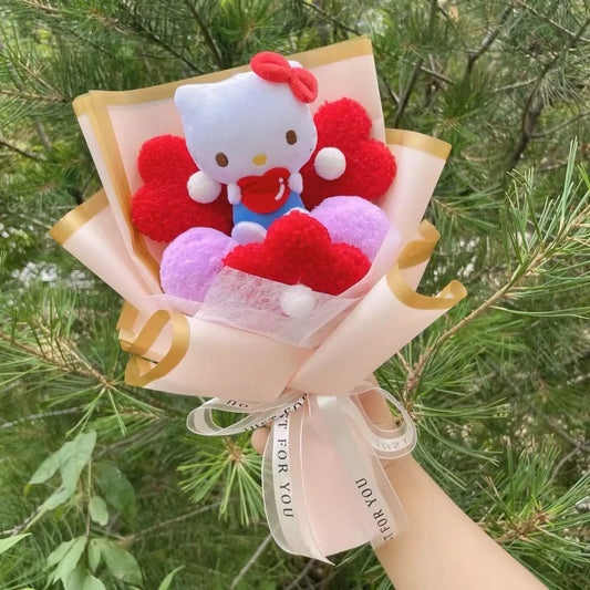 Adorable Sanrio Characters Plush Arrangement with Decorative Wrap and Ribbon Ties