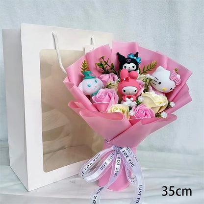 Sanrio Hello Kitty, Kuromi, Melody, Cinnamoroll Plush Bouquet with pink and white Rose Soap Flowers wrapped in pink