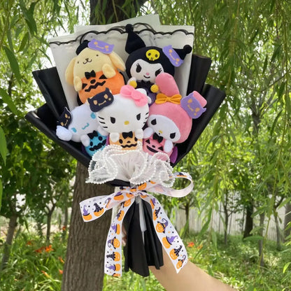 Adorable Sanrio Plush Bouquet in Pumpkin Costumes for Halloween (Hello Kitty, My Melody, Kuromi, and Pompompurin)