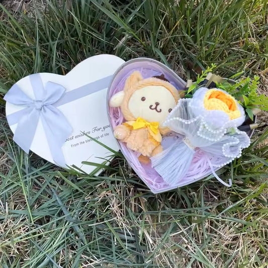 Sanrio Pompompurin Plush Toy Heart Shape Gift Box | Pompompurin Stuff Toy with Crochet Rose