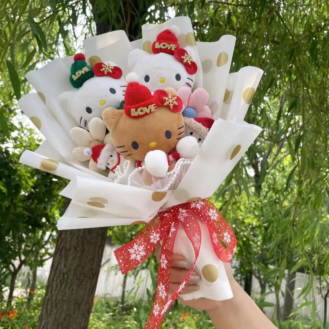 Christmas Hat in Red and Green Adorning Hello Kitty Plush Bouquet