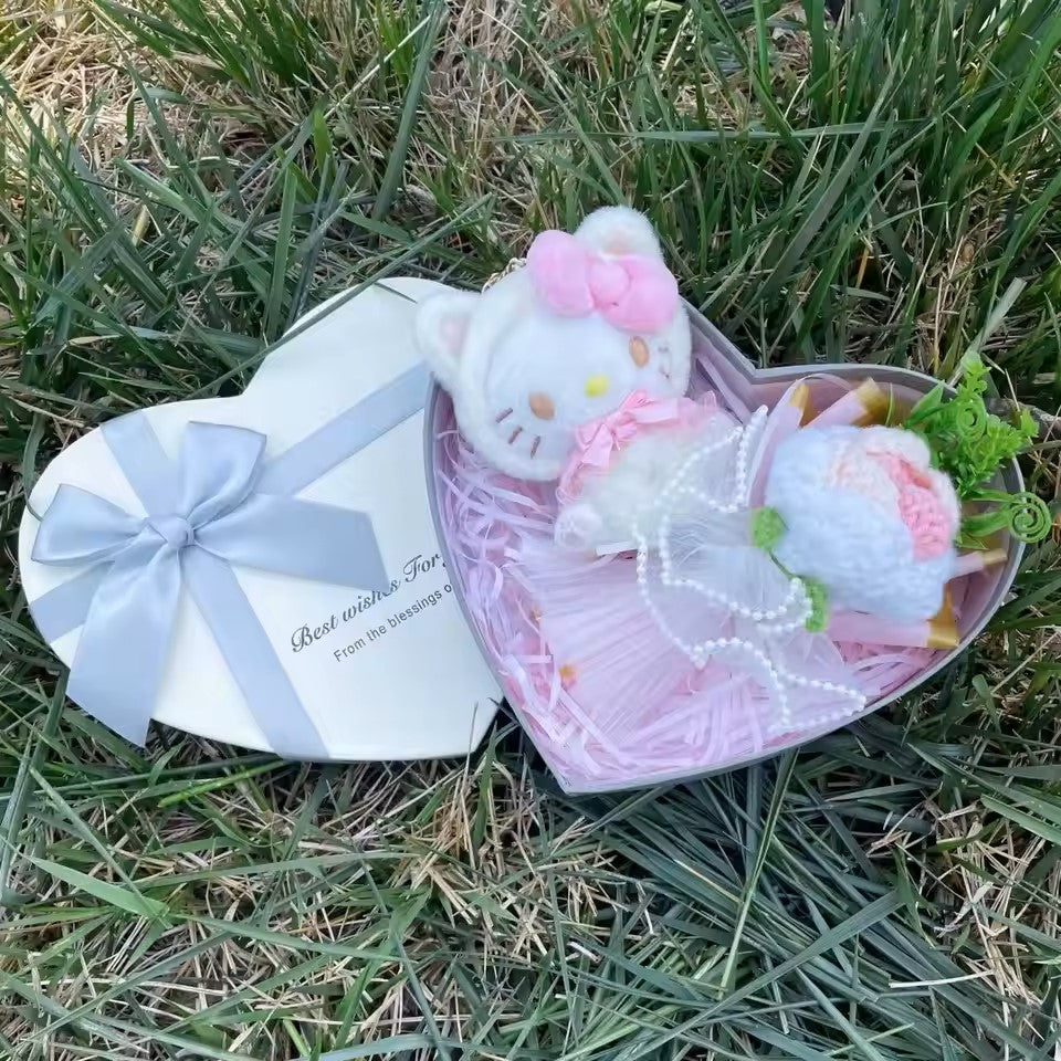 Sanrio Hello Kitty Plush Toy Heart Shape Gift Box | Hello Kitty Stuff Toy with Crochet Rose