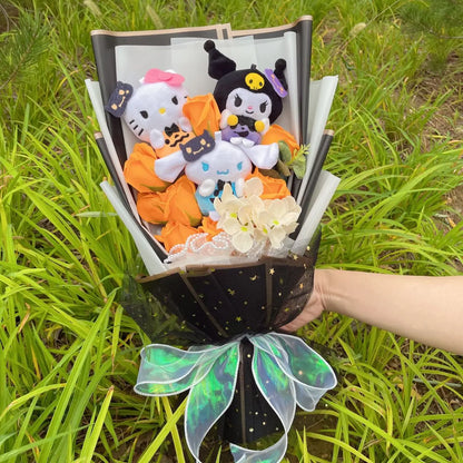 Sanrio Plush Bouquet with Lively Orange Roses | Perfect for Halloween  (Hello Kitty, Kuromi, Cinnamoroll)