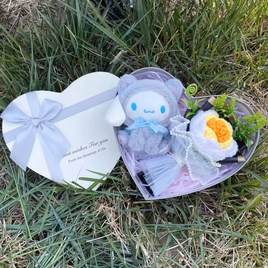 Sanrio Cinnamoroll Plush Toy Heart Shape Gift Box | Cinnamoroll Stuff Toy with Crochet Rose Bouquet