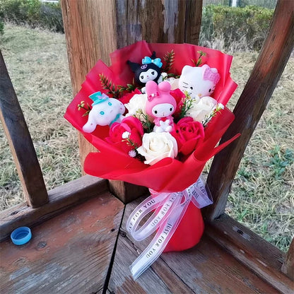 Sanrio Plush Bouquet with Rose Soap Flowers wrapped in red | (Hello Kitty, Kuromi, Melody, Cinnamoroll)