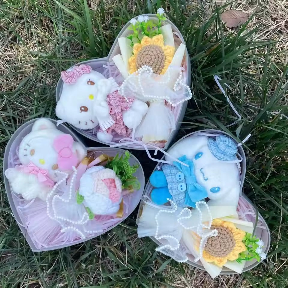 Sanrio Cinnamoroll Plush Toy Heart Shape Gift Box | Cinnamoroll Stuff Toy with Crochet Rose Bouquet