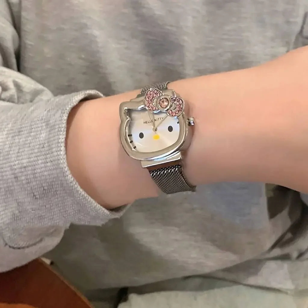 Silver Hello Kitty Crystal Bow Wristwatch