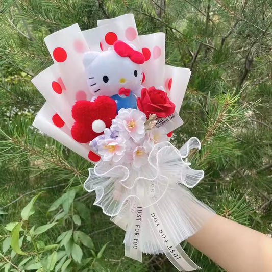 Hello Kitty Plush Bouquet by Sanrio Featuring Elegant Mesh Lace Wrap